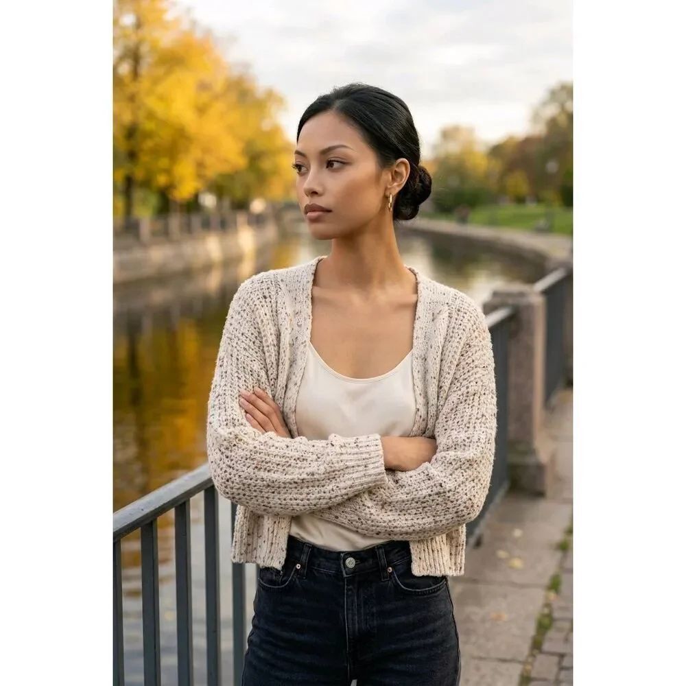 🇬🇪🔹️Jessica Simpson Cream Popcorn Open Front Sweater Medium